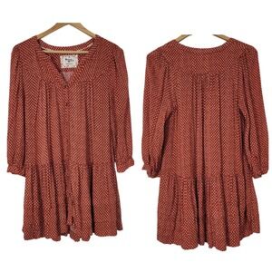 Holding Horses Country Boho Tiered Babydoll tunic XS Rust Floral Button Front